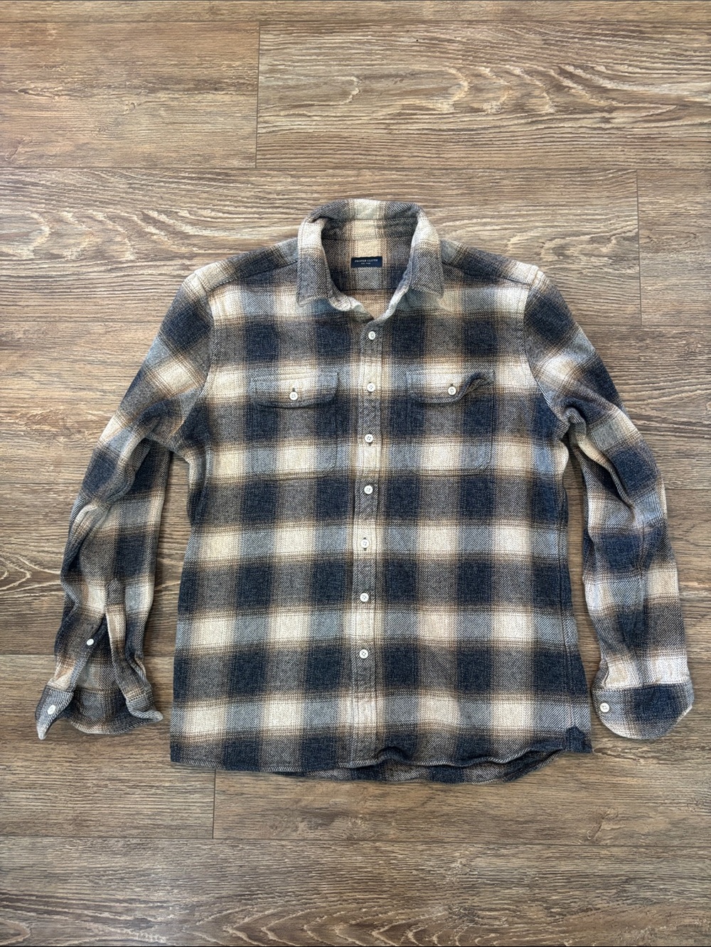 Proper Cloth Japanese Beige and Grey Large Ombre Button-Up Plaid Flannel Shirt